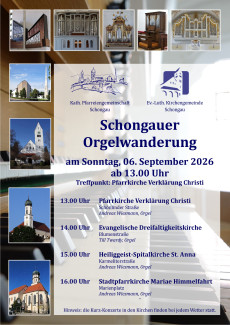 Plakat der ökumenischen Orgelwanderung am 06.09.2026 mit Bildern der Schongauer Kirchen und Orgeln.