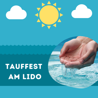 Plakat zum Tauffest mit einer Sonne, zwei Wolken und Hände, die Wasser schöpfen.