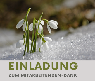 Einladung zum Mitarbeitenden Empfang mit einem Bild von Schneeglöckchen, die durch die Schneedecke spriesen. 