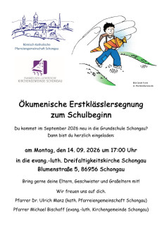 Die Zeichnung eines Kindes mit Schultüte lädt zur ökumenischen Erstklässlersegnung am 14.09. ein.