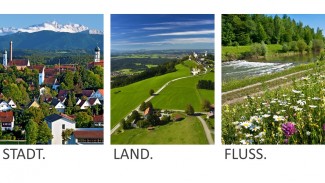 Abbildung der Stadt Schongau, Luftaufnahme des Hohen Peißenbergs und die Ammer mit Blumenwiese