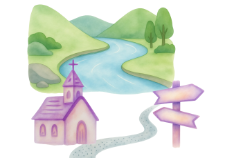 Eine Landschaft aus Hügel und Fluss, davor eine Kirche und ein Wegweiser