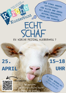 "Echt Schaf" lautet das Motto der KircheKunterbunt in Peiting, deshalb ist ein Schaf auf dem Flyer zu sehen, das die Zunge herausstreckt.