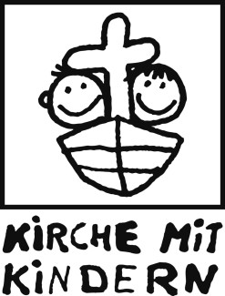 Das Logo der Kirche mit Kindern, zwei fröhliche Gesichter in einem Boot, der Mast ist ein Kreuz.