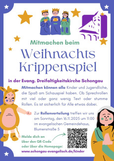 Plakat für die Krippenspielproben mit Zeichnungen von Sternen und drei Königen. Mitmachen können alle, die Lust darauf haben, es gibt Rollen mit und ohne Sprechtext.