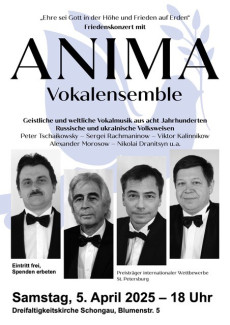 Das Plakat zum Konzert des Vokalensembles ANIMA zeigt im Hintergrund eine blaue Friedenstaube mit Olivenzweig im Schnabel. Davor sind die vier Gesichter der Sänger zu sehen.