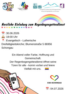 Plakat zum Regenbogengottesdienst, mit Regenbogen und den Logo des Jugendzentrum Schongau, des KJR Weilheim und der Kirchengemeinde Schongau und Peiting-Herzogsägmühle