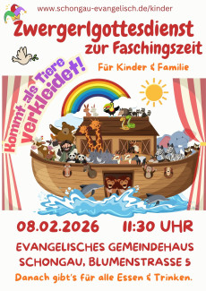 Ein Bild der Arche Noah mit Regenbogen und vielen Tieren, umrahmt von einem gestreiften Bühnenvorhang. Steht für den bunten Zwergerlgottesdienst an Fasching.