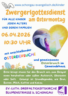 Plakat mit bunten Eiern und bunter Schrift zum Zwergerlgottesdienst am Ostermontag, 06.04.2026 um 10:30 Uhr