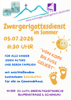Sonnengelbe Schrift lädt zum Zwergerlgottesdienst ein unter dem Thema: Von Kopf bis Fuß geliebt.