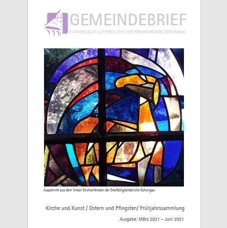 Deckblatt des Gemeindebriefs, darauf ein Bild eines bunten Kirchenfensters